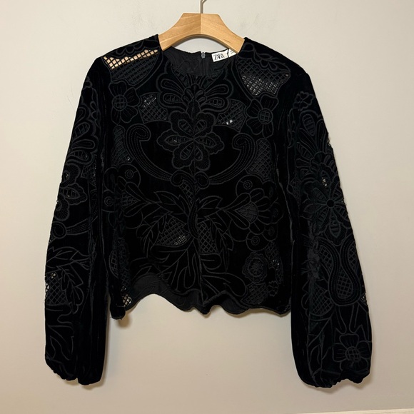 Beautiful! Zara black embroidered lace see thru velvet blouse shirt . S - Picture 2 of 9